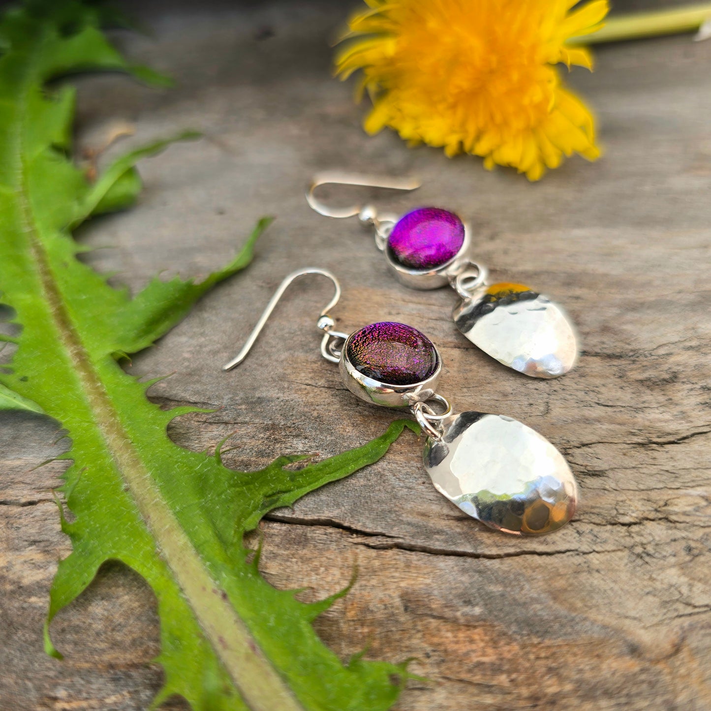 Hand-Forged Purple Pink Dichroic Sterling Silver Dangle Earrings