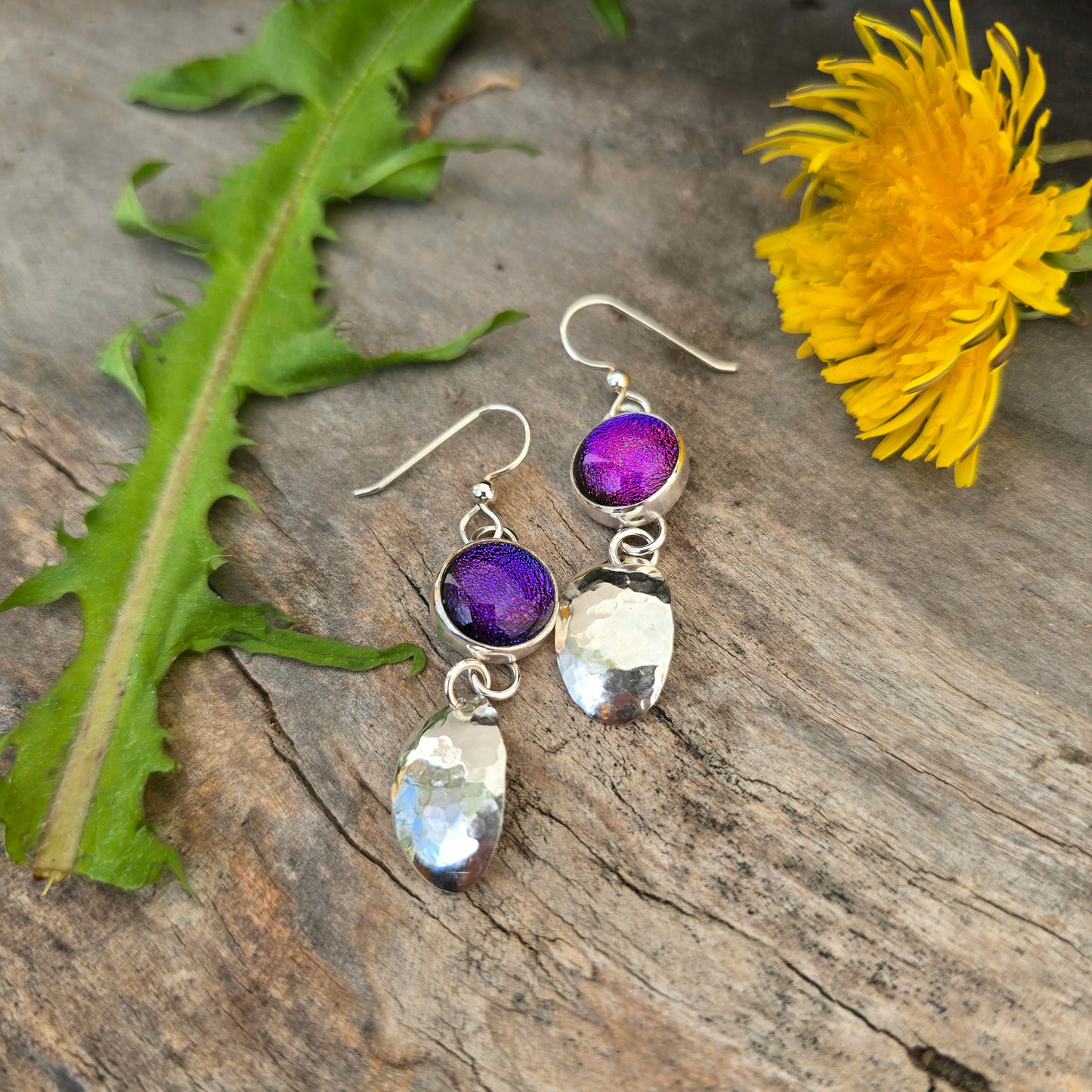 Hand-Forged Purple Pink Dichroic Sterling Silver Dangle Earrings