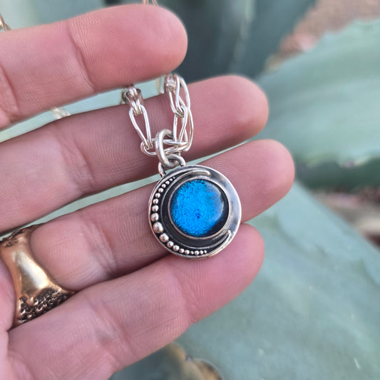 Electric Blue Dichroic Moon Pendant in Sterling Silver