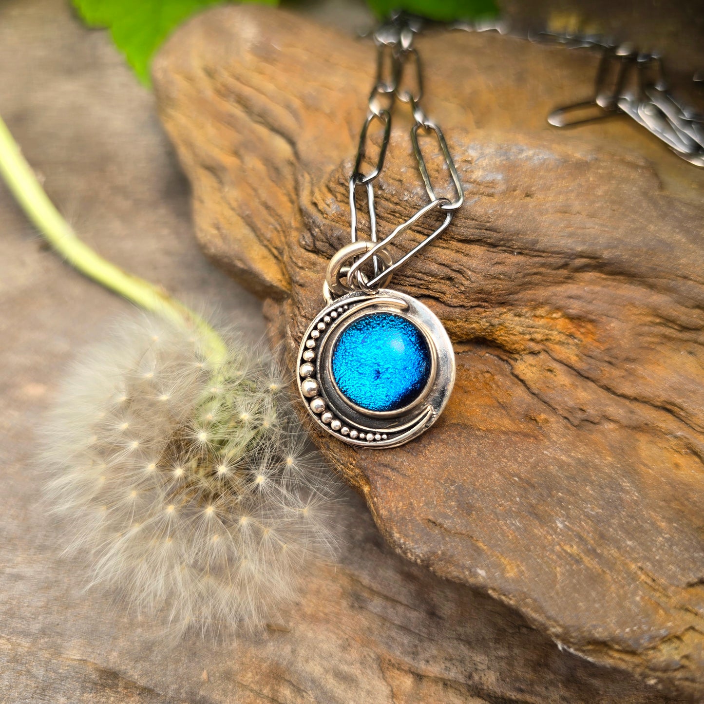 Electric Blue Dichroic Moon Pendant in Sterling Silver