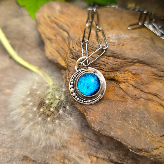 Electric Blue Dichroic Moon Pendant in Sterling Silver