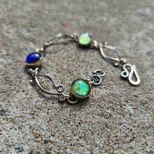 Hand-Forged Windswept Link Dichroic Glass Sterling Silver Bracelet