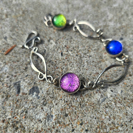 Hand-Forged Windswept Link Dichroic Glass Sterling Silver Bracelet