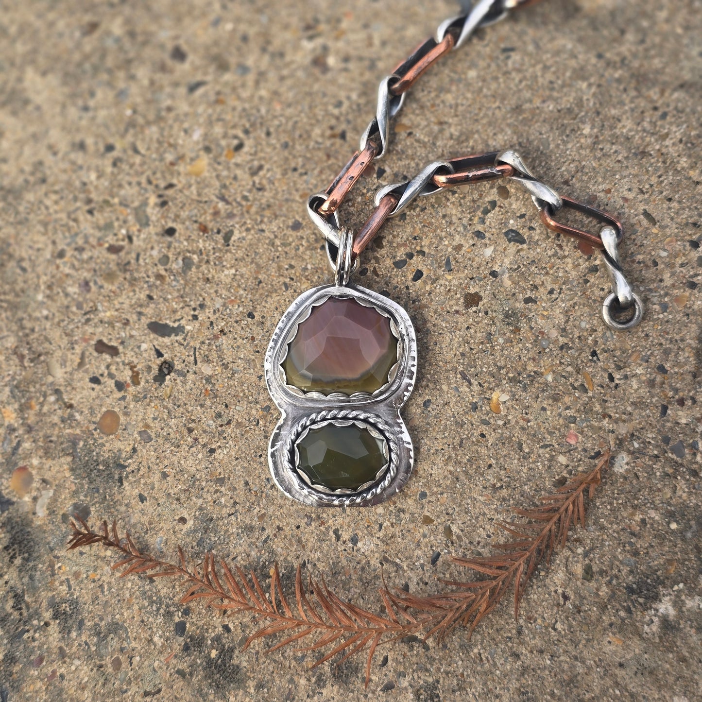 Hand-Forged Jasper Double Stone Sterling Silver Pendant