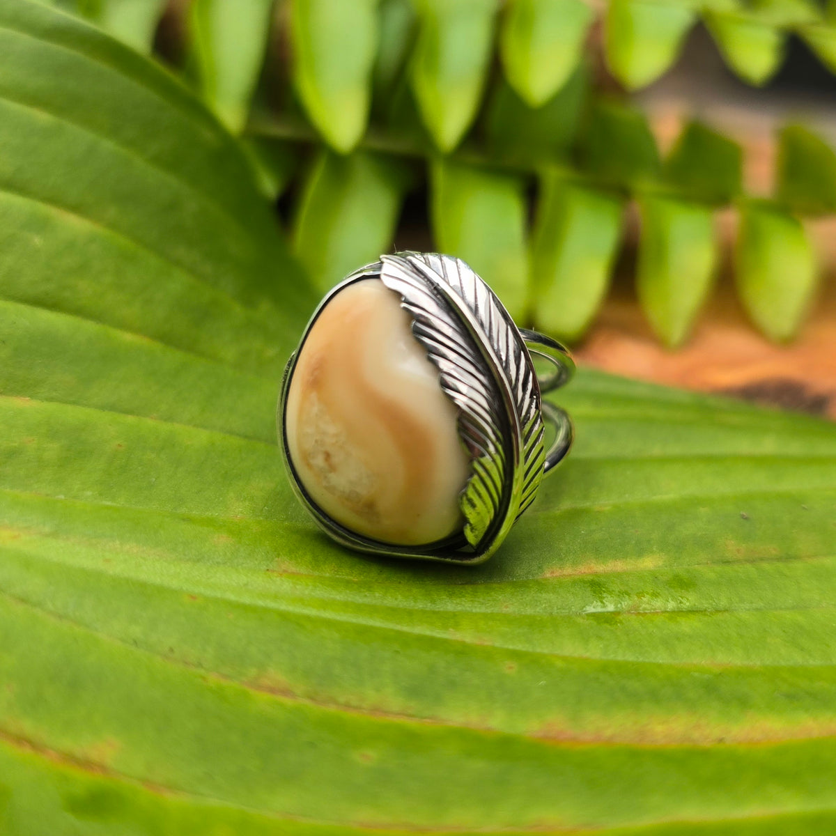 Custom Elk Ivory Feather Sterling Silver Ring