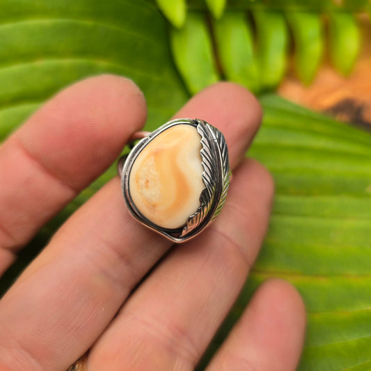 Custom Elk Ivory Feather Sterling Silver Ring