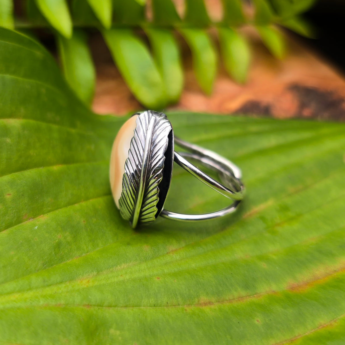 Custom Elk Ivory Feather Sterling Silver Ring