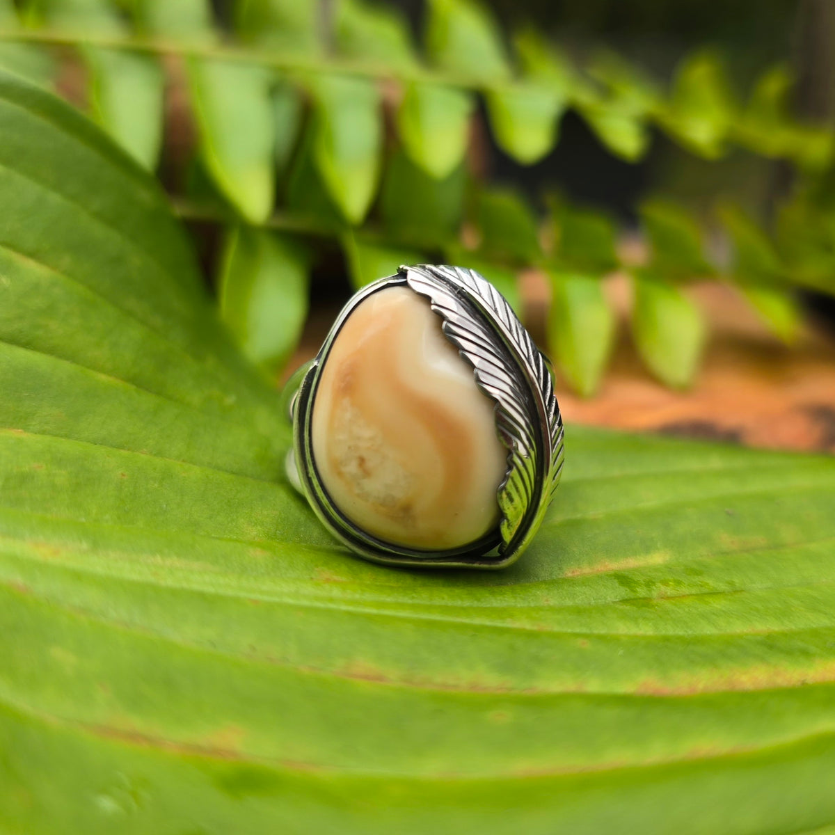 Custom Elk Ivory Feather Sterling Silver Ring