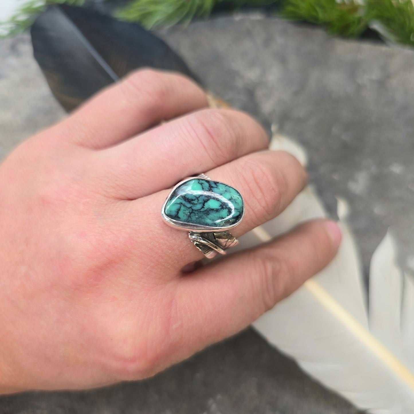 Hand-Forged Variscite Feather Sterling Silver Ring