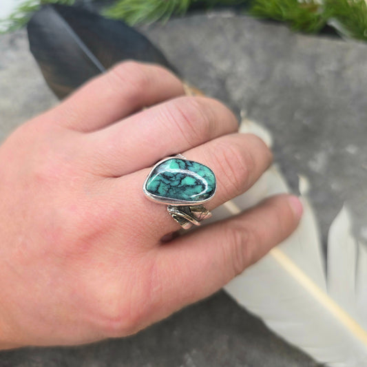 Hand-Forged Variscite Feather Sterling Silver Ring