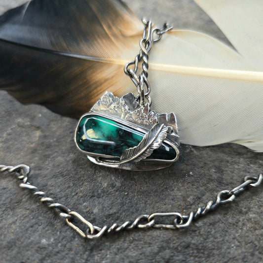 Emerald Rose Variscite Mountain Feather Sterling Silver Pendant