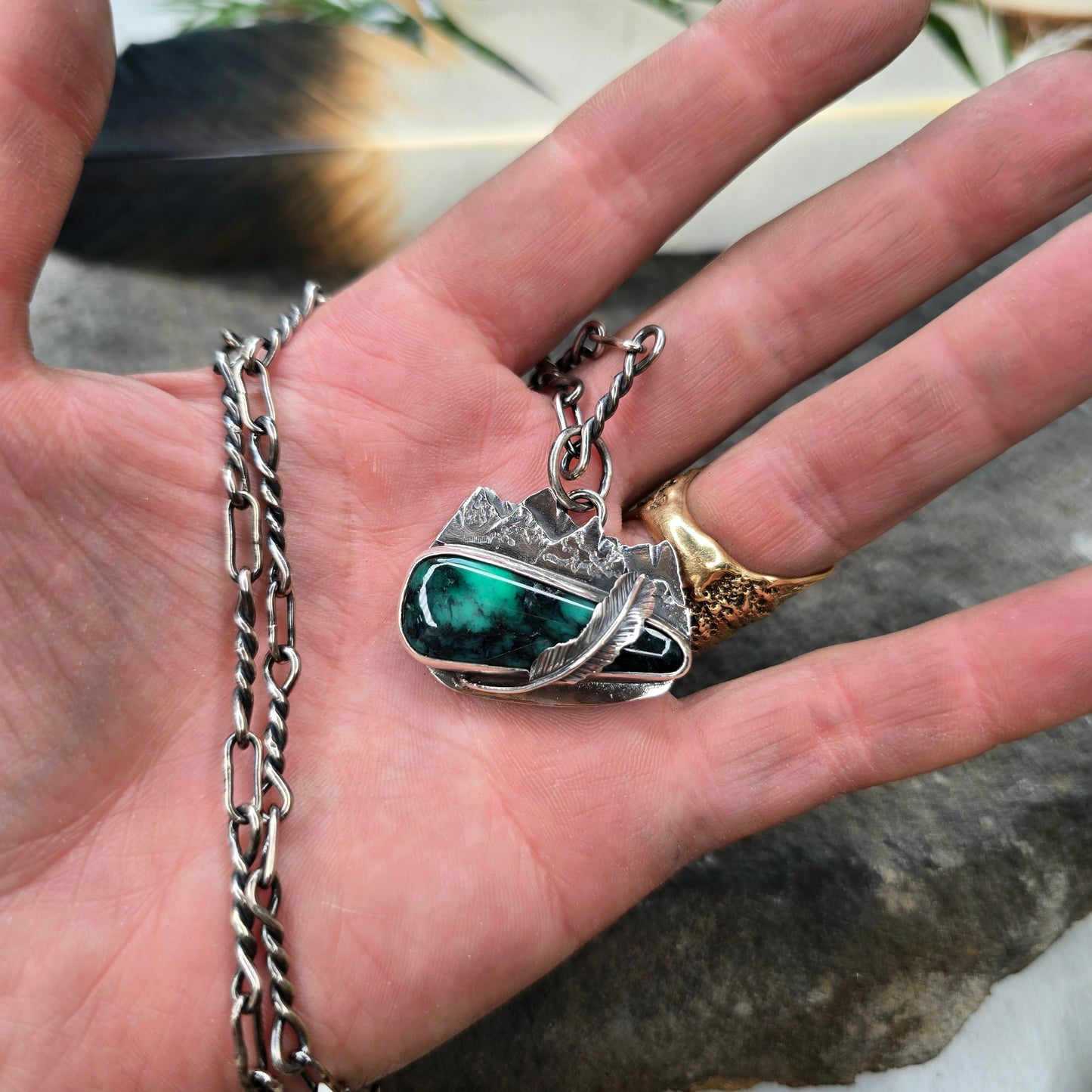 Emerald Rose Variscite Mountain Feather Sterling Silver Pendant