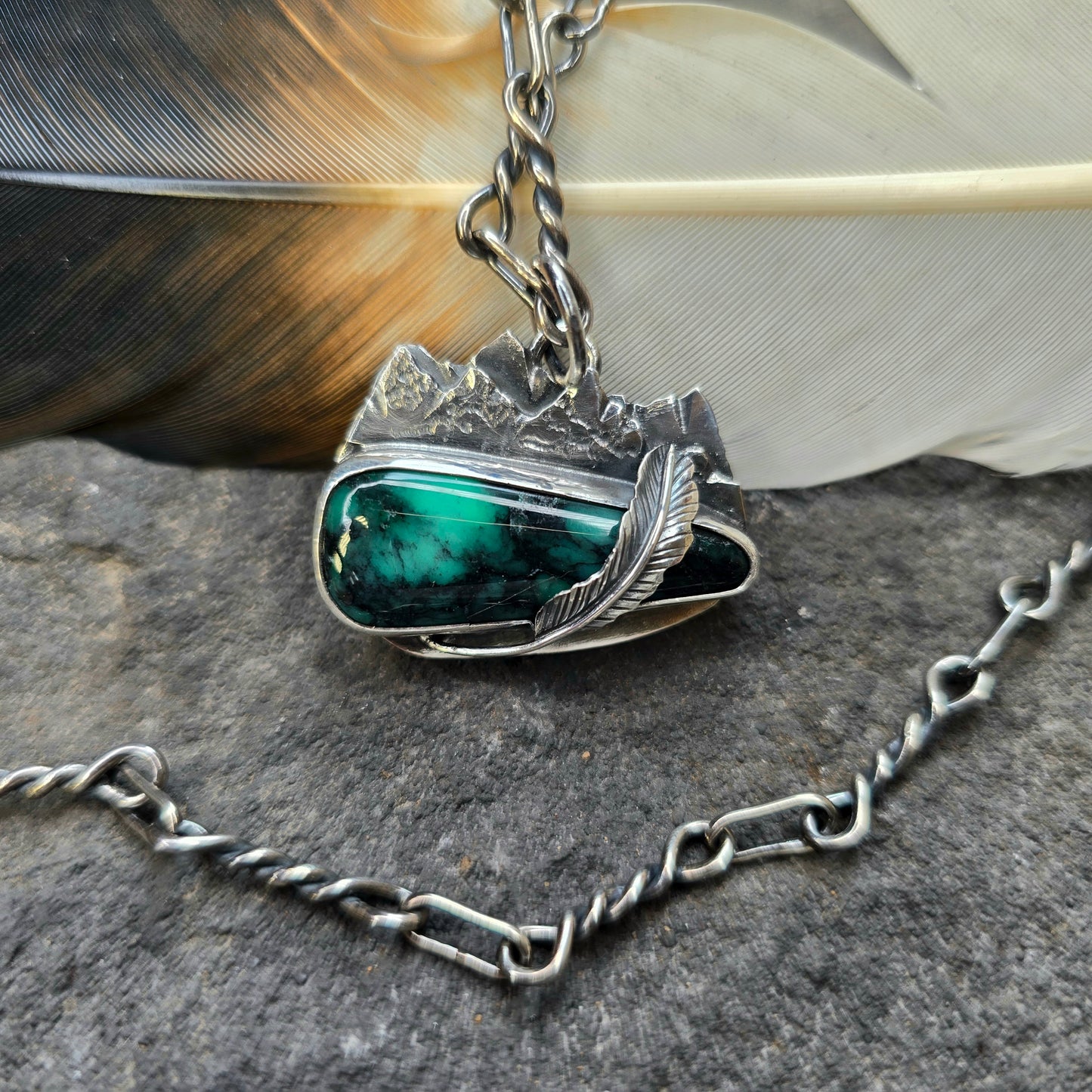 Emerald Rose Variscite Mountain Feather Sterling Silver Pendant
