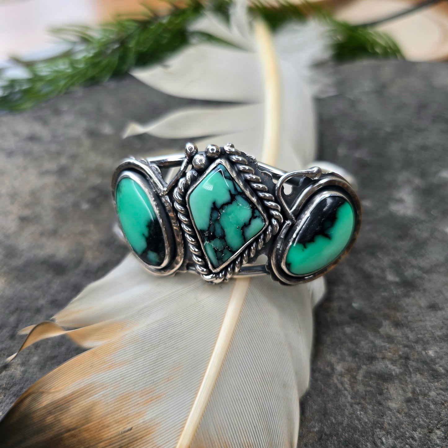 Emerald Rose Variscite Statement Cuff — One-of-a-Kind Sterling Silver Masterwork