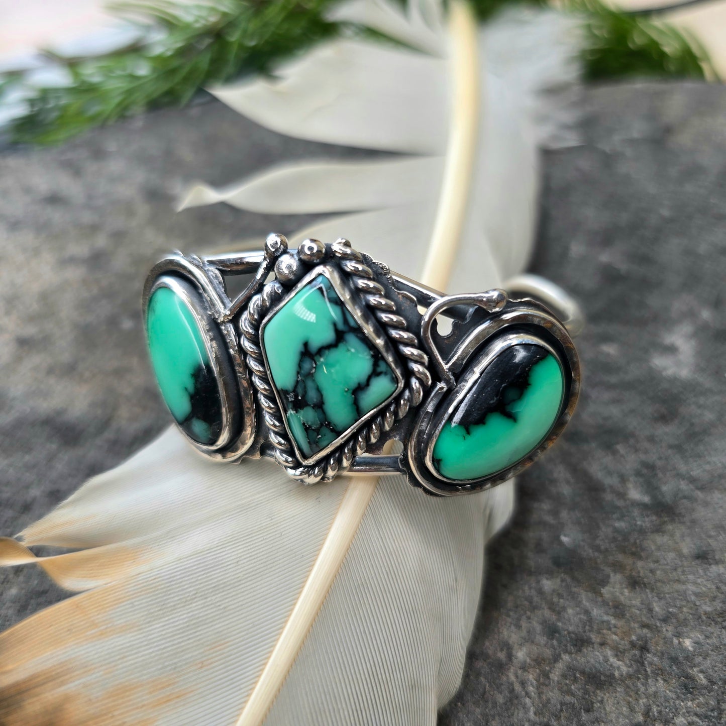 Emerald Rose Variscite Statement Cuff — One-of-a-Kind Sterling Silver Masterwork