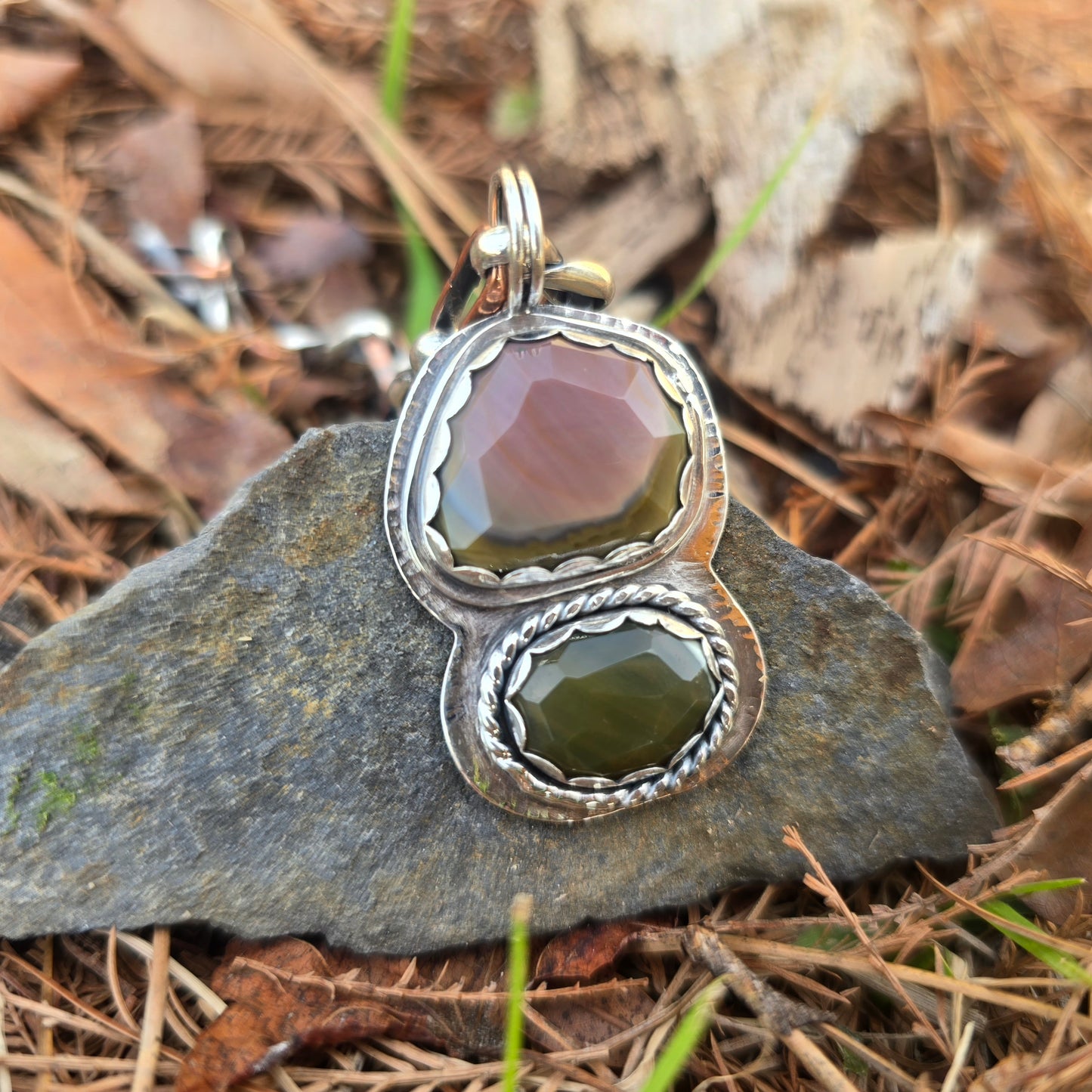 Hand-Forged Jasper Double Stone Sterling Silver Pendant