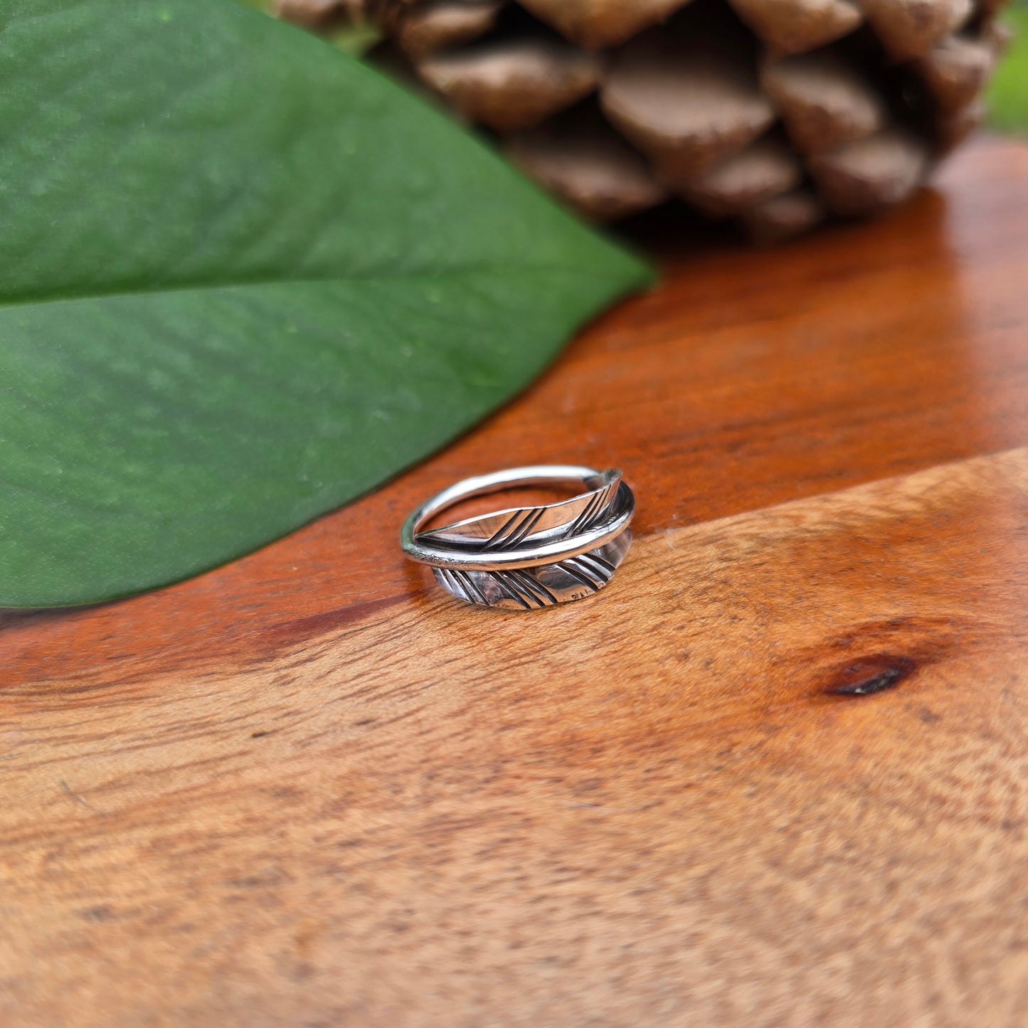 sterling silver feather leaf ring shown from front view