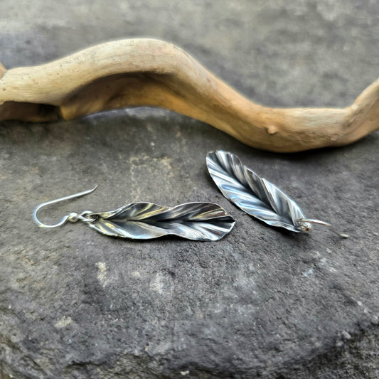 Pure Silver Hand-Forged Folded Leaf Earrings