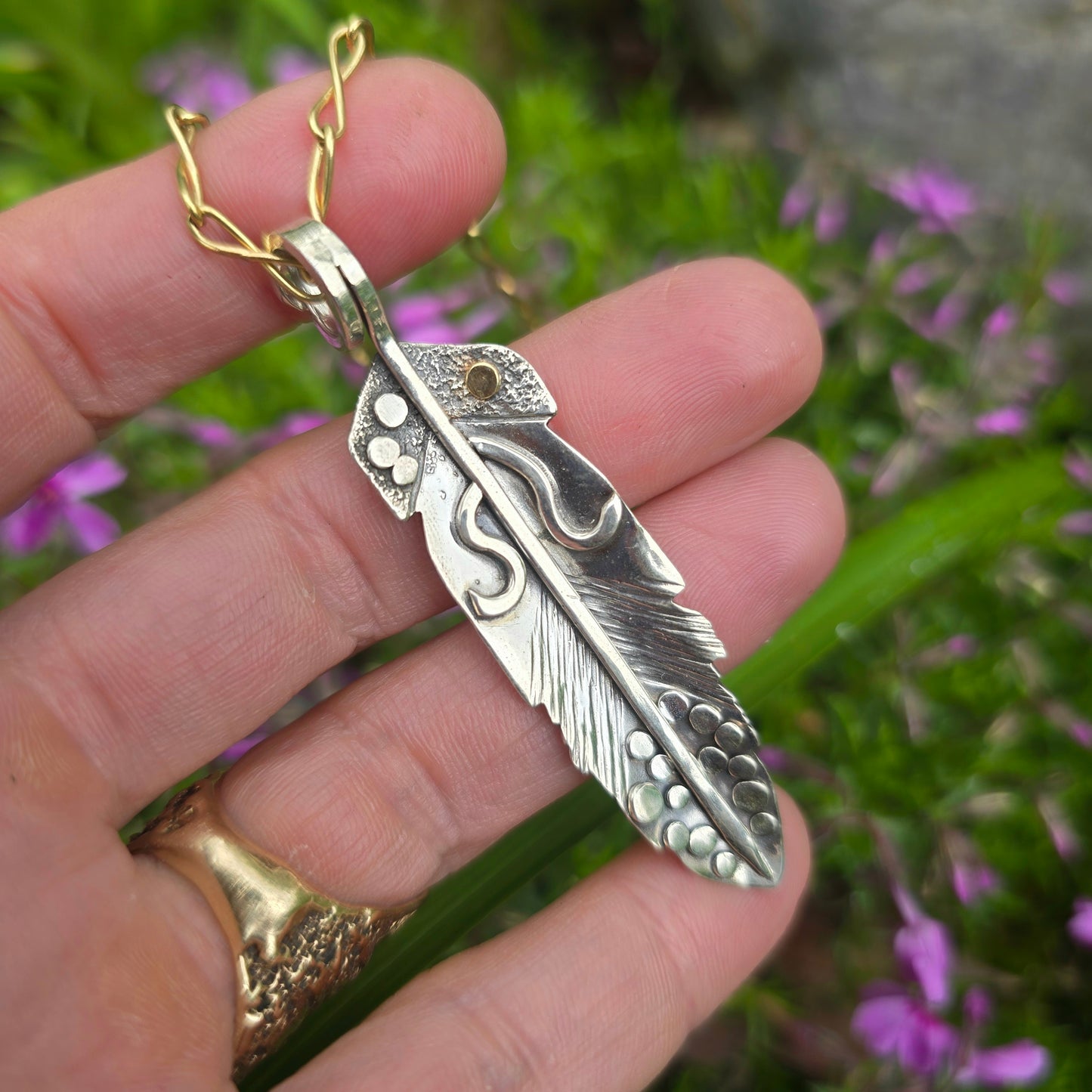 Argentium & 18k Gold Solid Feather Pendant