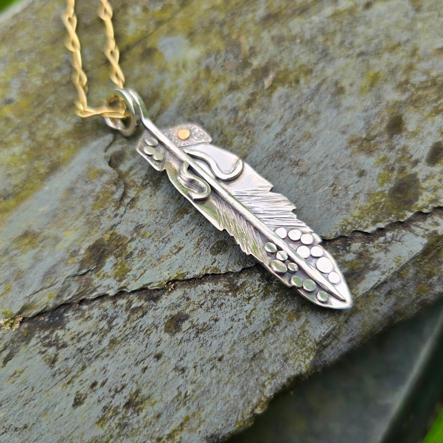 Argentium & 18k Gold Solid Feather Pendant