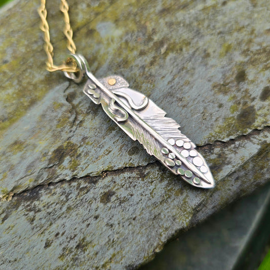 Argentium & 18k Gold Solid Feather Pendant