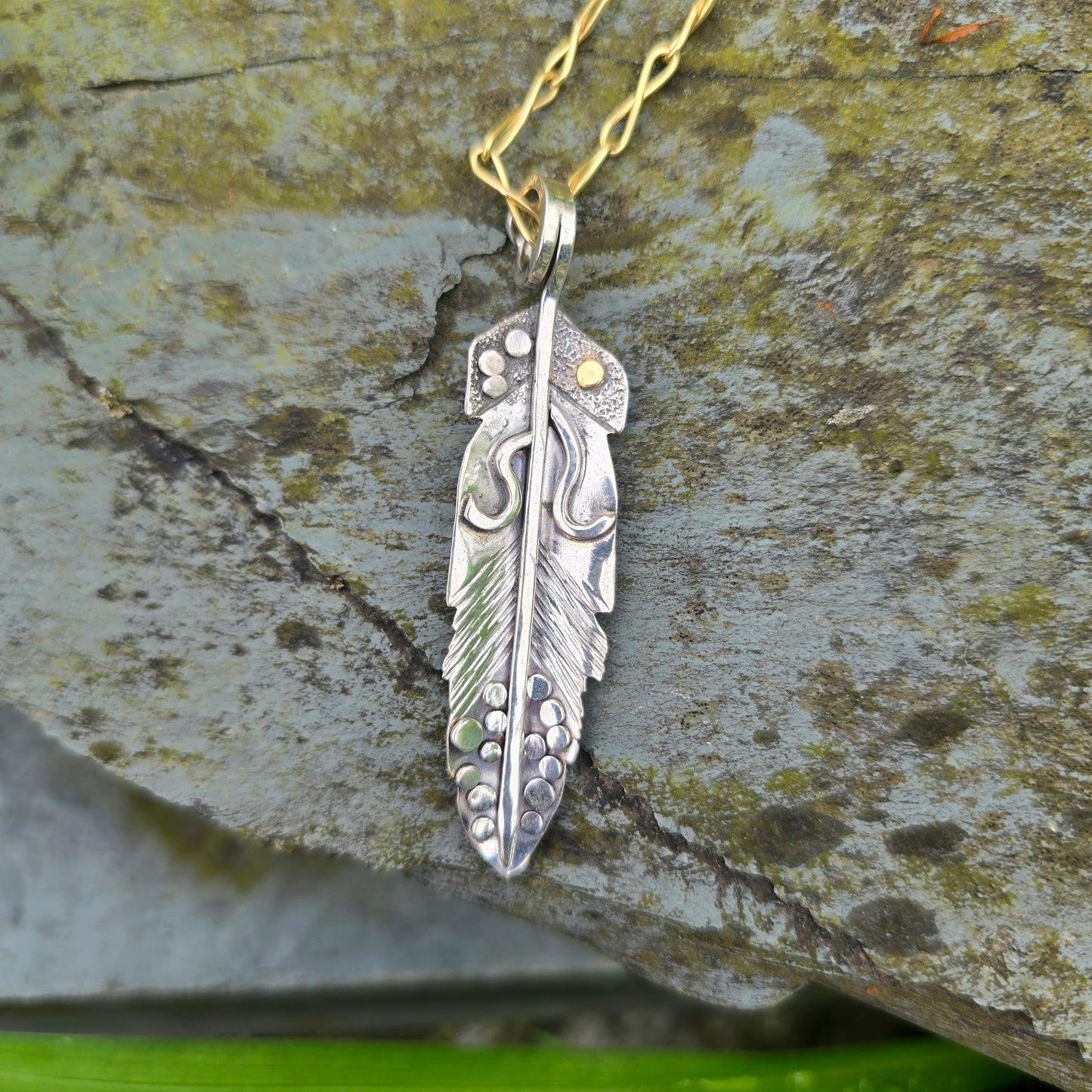Argentium & 18k Gold Solid Feather Pendant