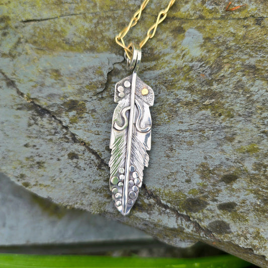 Argentium & 18k Gold Solid Feather Pendant