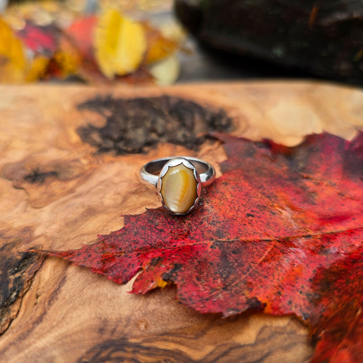 Golden Mother-of-Pearl Oval Sterling Silver Rings