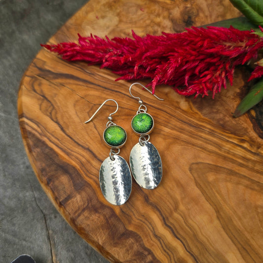 Green Dichroic Glass and Hammered Concho Earrings