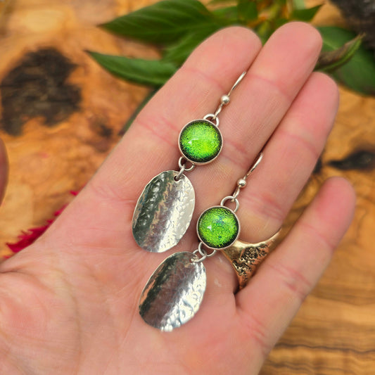 Green Dichroic Glass and Hammered Concho Earrings