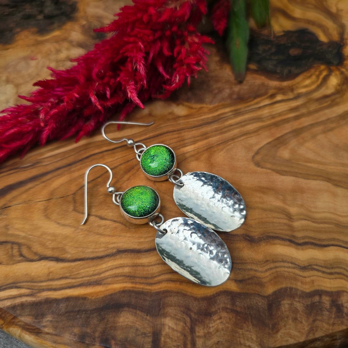 Green Dichroic Glass and Hammered Concho Earrings