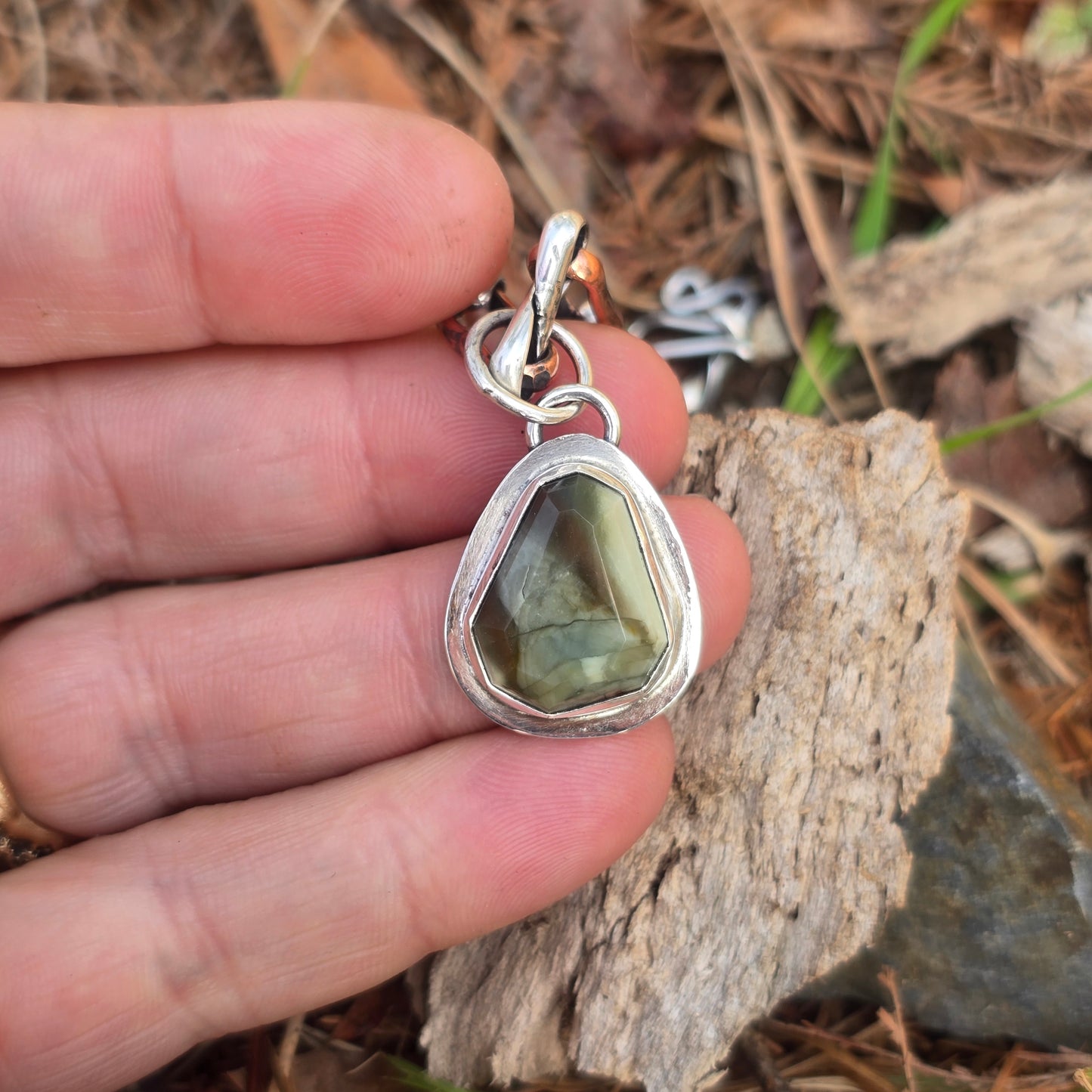 Faceted Green Imperial Jasper Pendant in Hand-Forged Sterling Silver