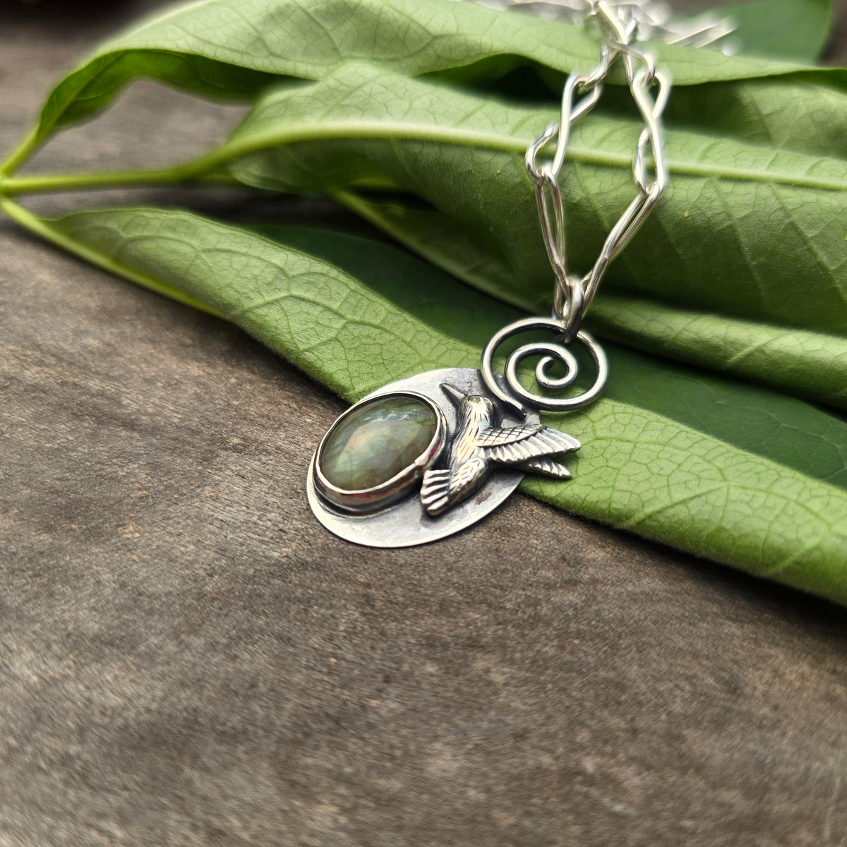 Green Flash Labradorite Hummingbird Hand-Forged Sterling Silver Pendant