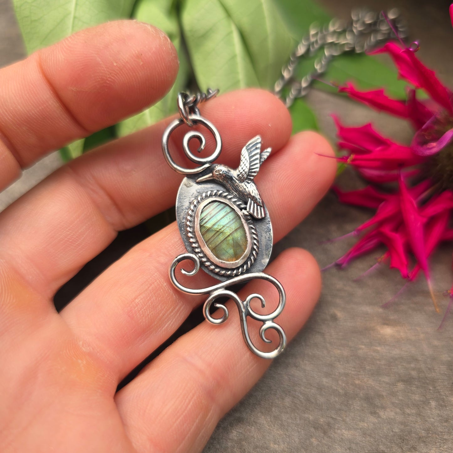 Green Flash Labradorite Swirls & Hummingbird Hand-Forged Sterling Silver Pendant