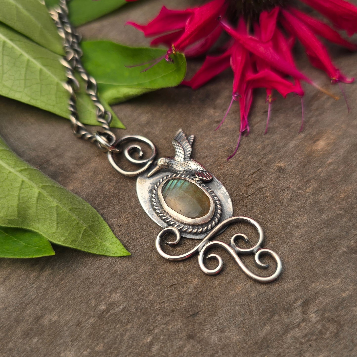 Green Flash Labradorite Swirls & Hummingbird Hand-Forged Sterling Silver Pendant