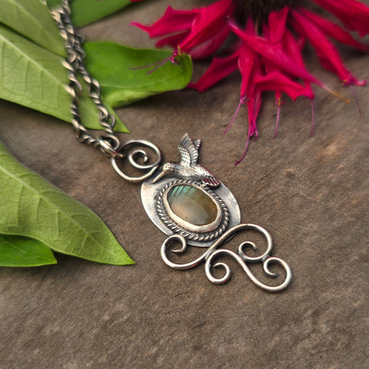 Green Flash Labradorite Swirls & Hummingbird Hand-Forged Sterling Silver Pendant