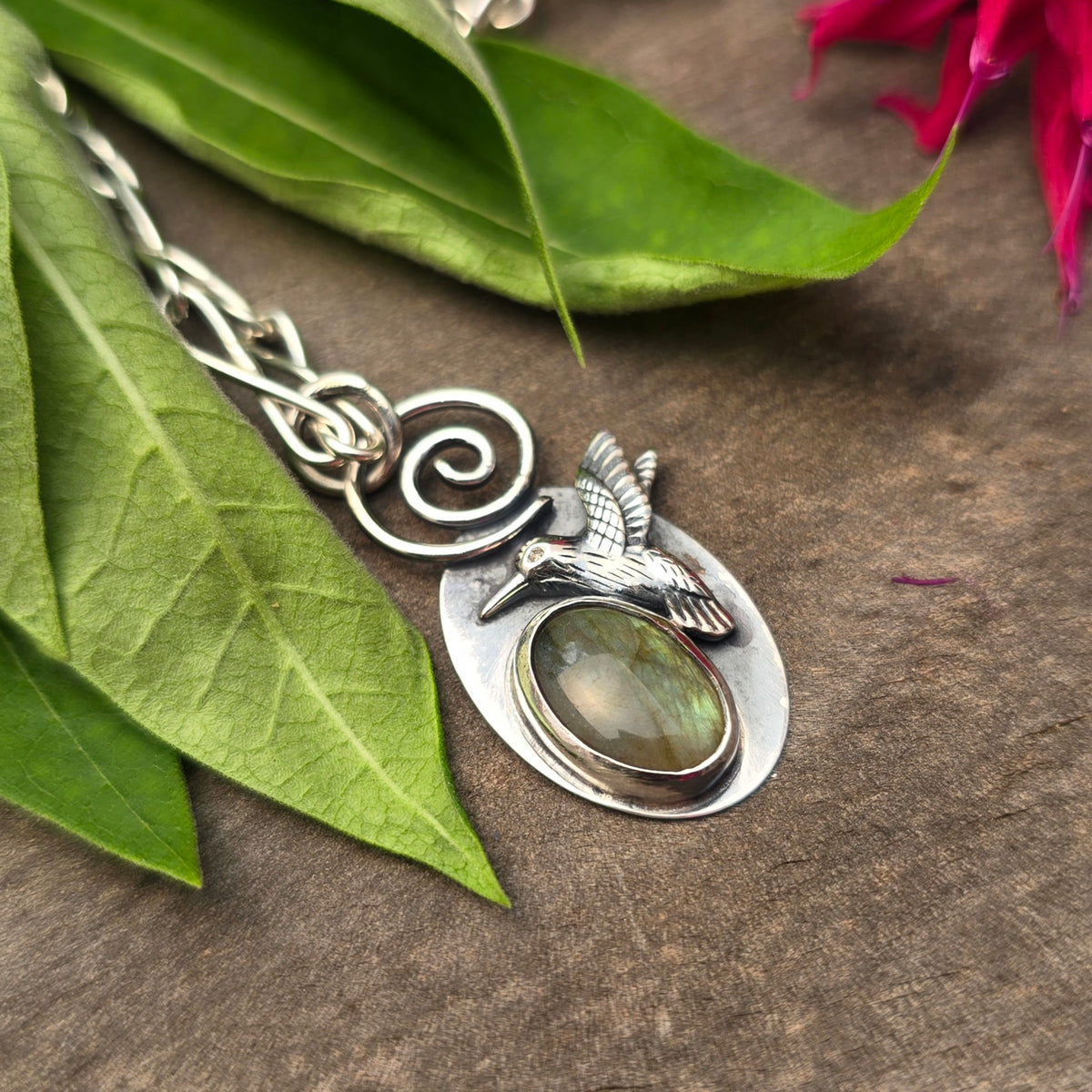 Green Flash Labradorite Hummingbird Hand-Forged Sterling Silver Pendant
