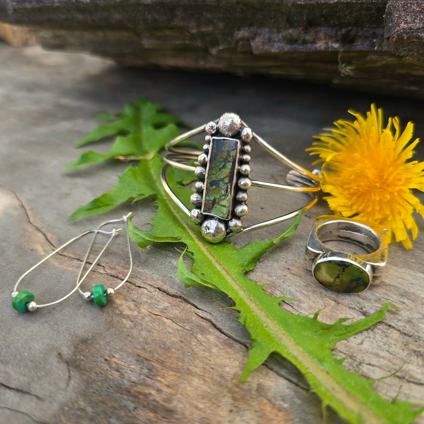Green Turquoise Hand-Forged Sterling Silver Earrings