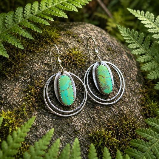 Hand-Forged Turquoise Swinging Hoop Sterling Silver Earrings