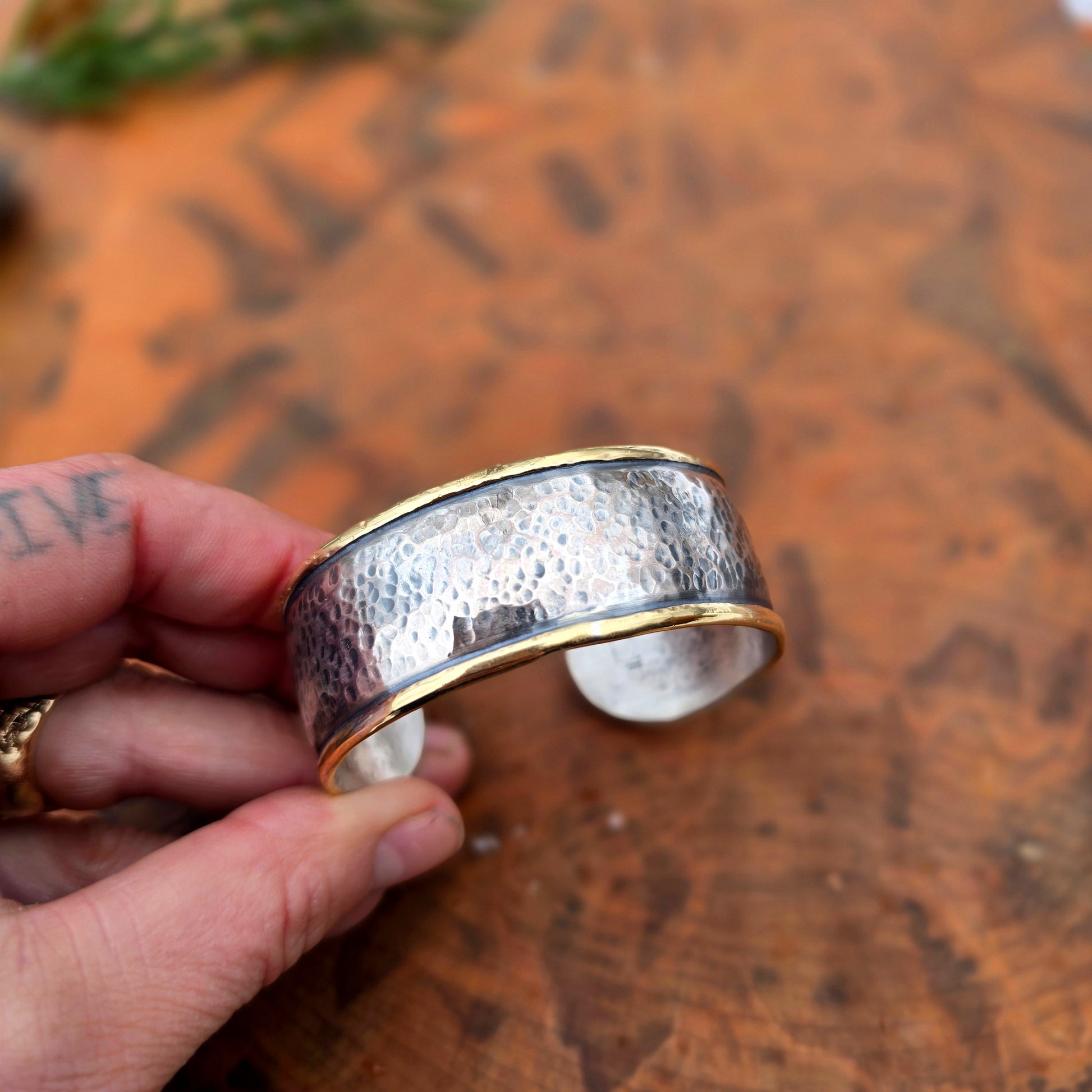Domed cuff bracelet in sterling silver and bronze