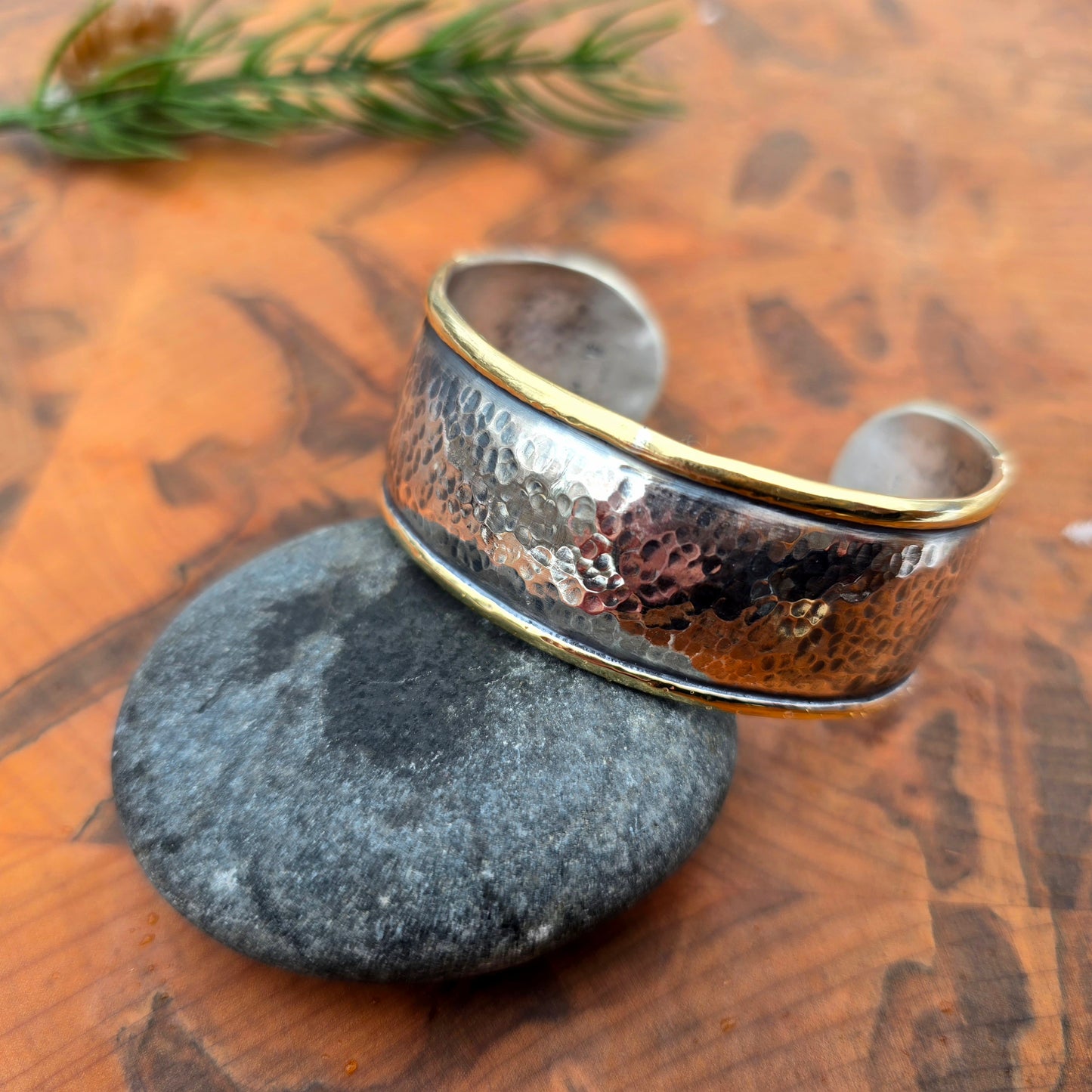 Hammered sterling silver and bronze domed cuff bracelet