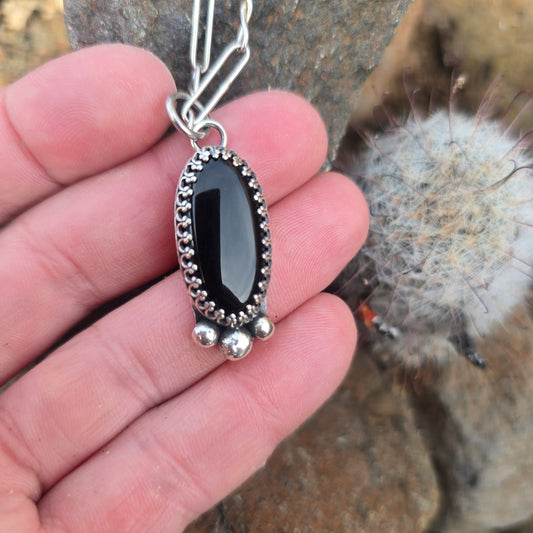 Black Onyx Pendant with Gallery Bezel (One of a Kind) — 1.5″ Length