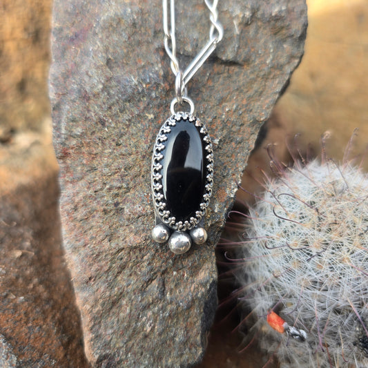 Black Onyx Pendant with Gallery Bezel (One of a Kind) — 1.5″ Length