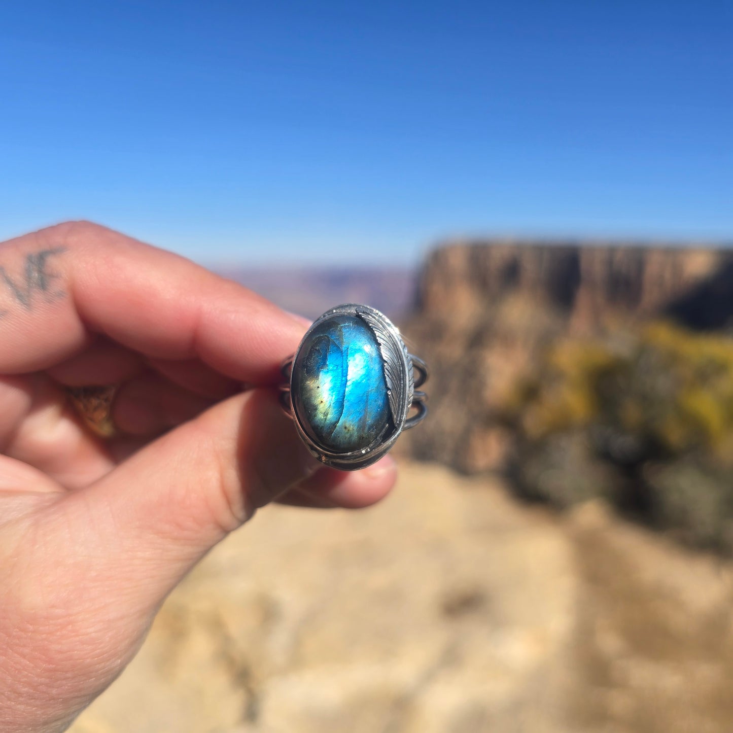 Blue Labradorite & Feather Ring (One of a Kind) — Size 11