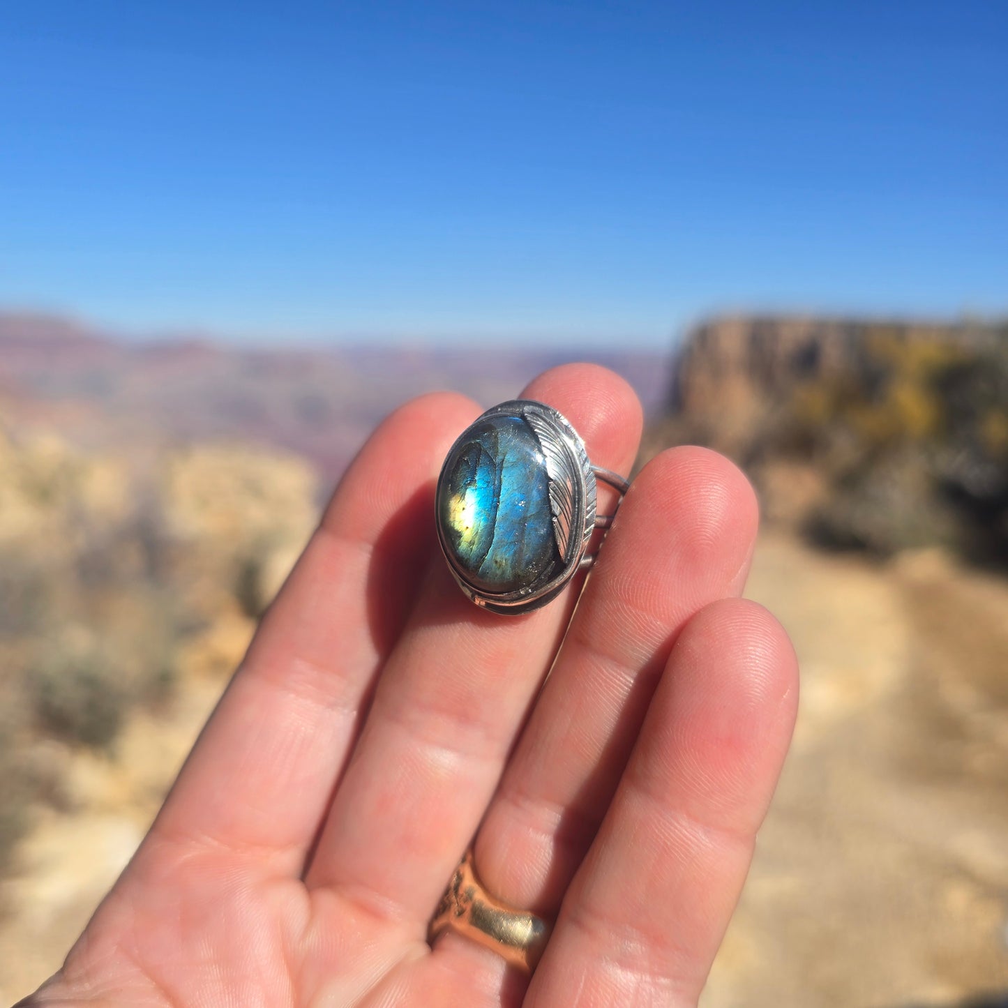 Blue Labradorite & Feather Ring (One of a Kind) — Size 11