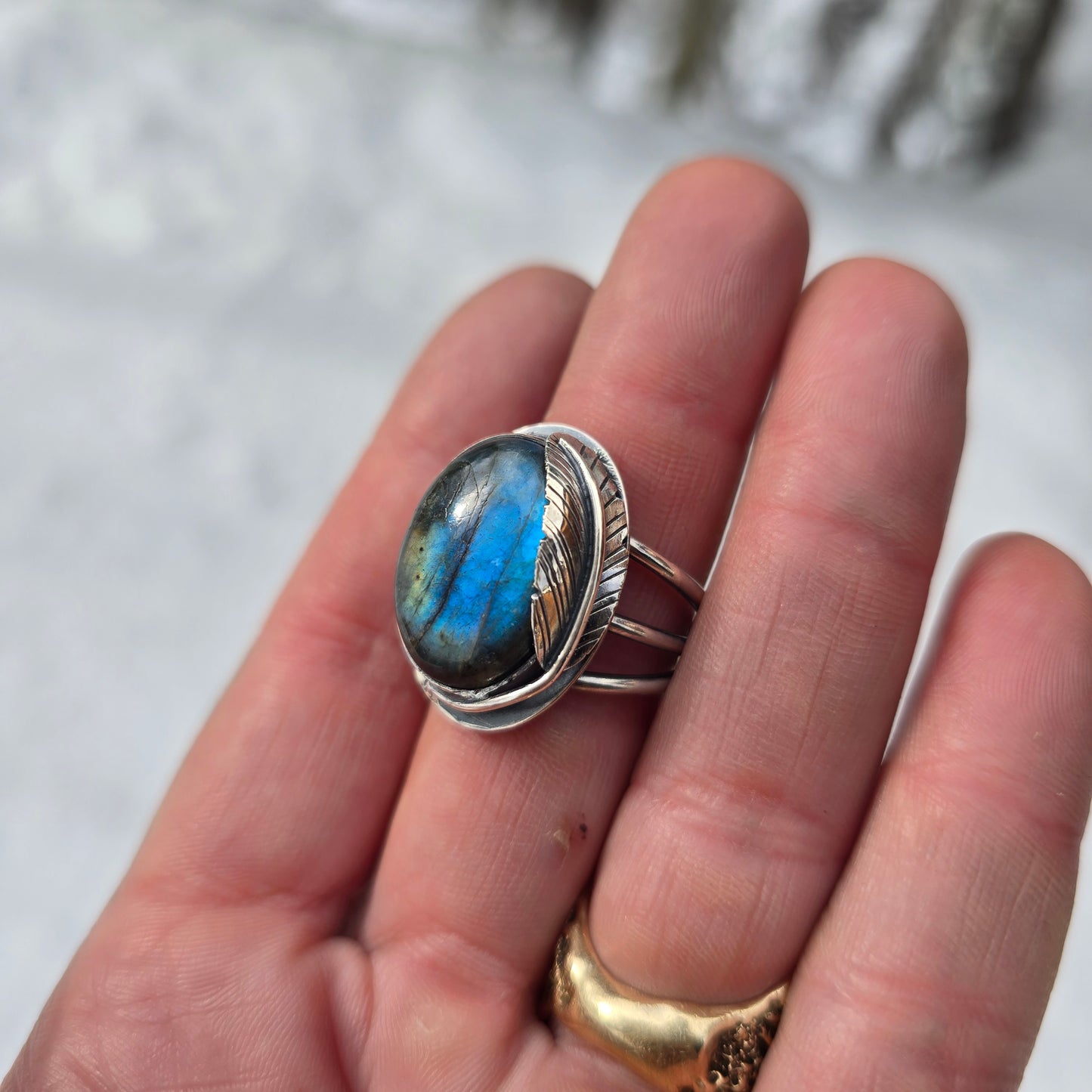 Blue Labradorite & Feather Ring (One of a Kind) — Size 11