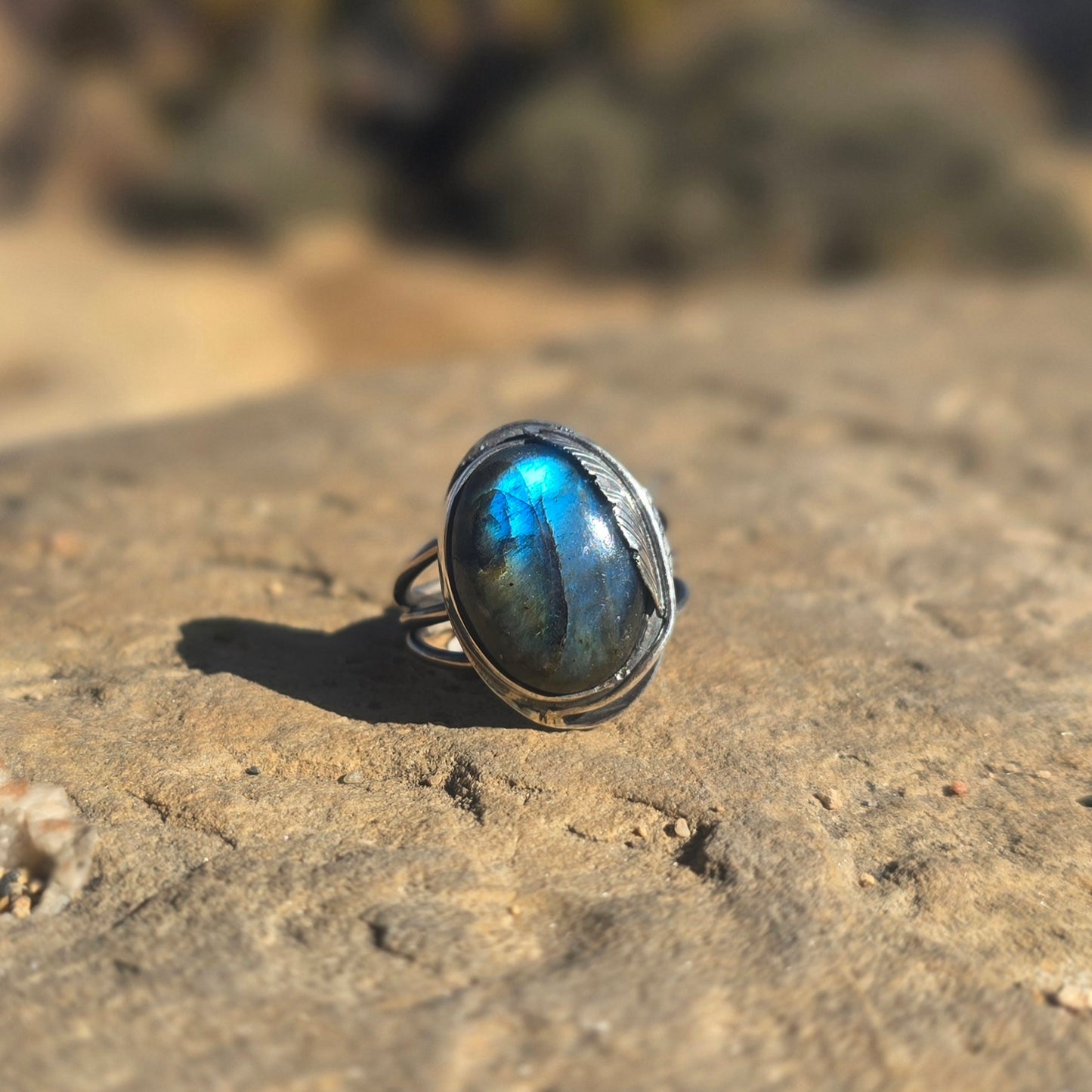 Blue Labradorite & Feather Ring (One of a Kind) — Size 11