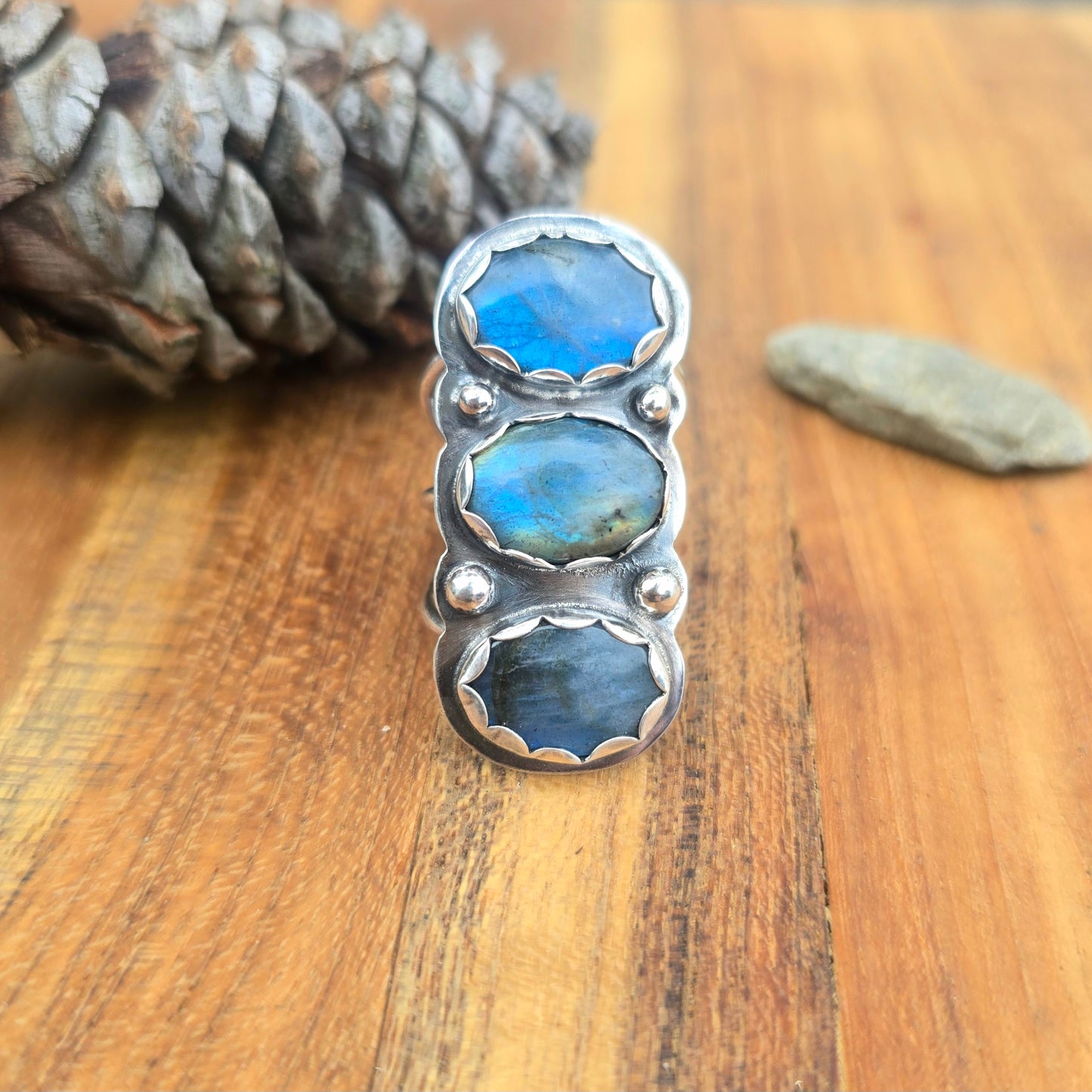 One-of-a-Kind Blue Flash Labradorite Triple Band Ring — Horizontal Three-Stone Design