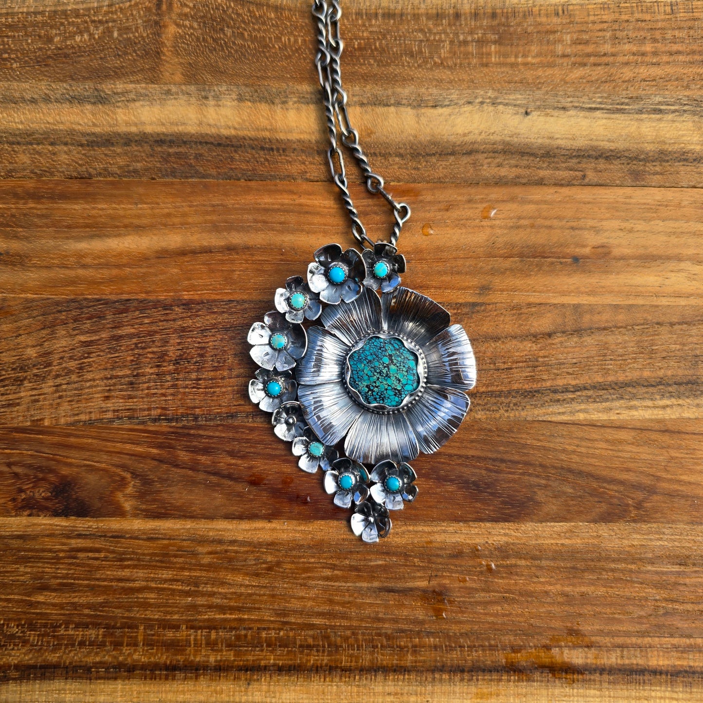 One-of-a-Kind Turquoise Flower Statement Pendant in Sterling Silver | Collector Works
