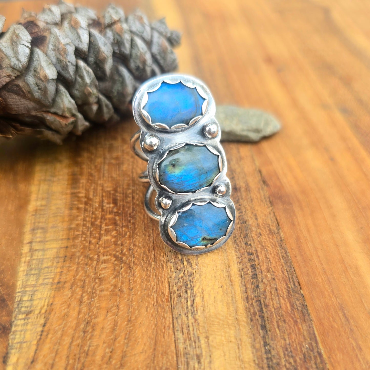 One-of-a-Kind Blue Flash Labradorite Triple Band Ring — Horizontal Three-Stone Design